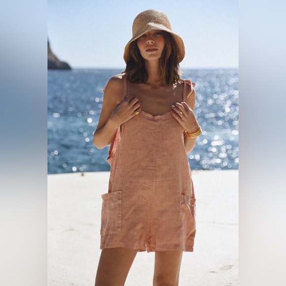 Beachwood Baby | 100% Linen The Verano Short Overall Dusty Pink OS Maternity - Picture 1 of 11